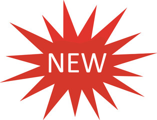 Red new label burst badge, promotional starburst sticker isolated on white background flat vector illustration