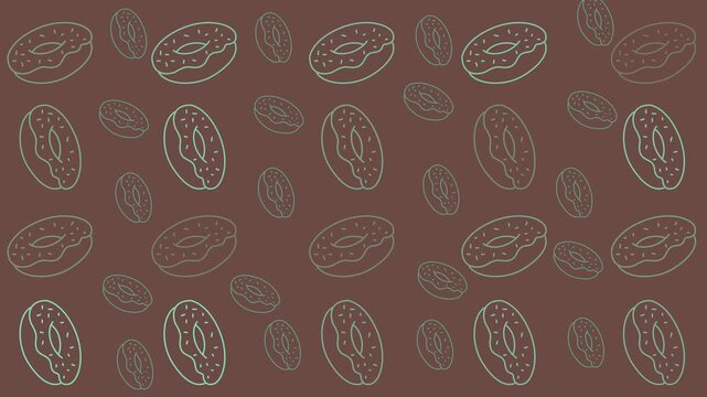 Food doodle pattern with outlined sprinkled donuts on a whimsical brown background. Suitable for packaging, stationery, and kitchen decor.