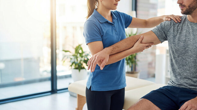 A physiotherapist assisting a patient with an arm, demonstrating professional care, and promoting well-being in a medical office setting.