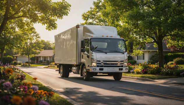 White delivery truck on a sunny suburban street, passing houses with green trees and colorful flowers, symbolizing moving, transport, and service
