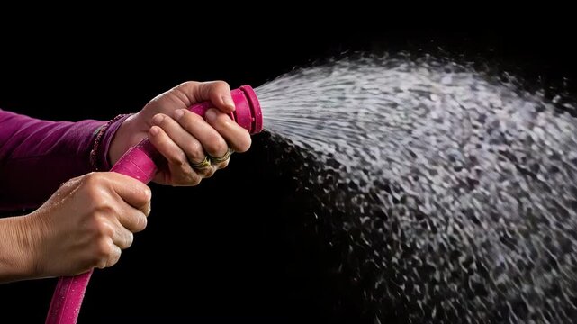 Powerful water stream from garden hose spray captured in rapid succession against black background