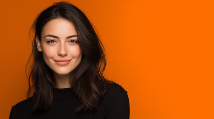 ビビッドオレンジの余白背景に自信あふれる女性の背景素材