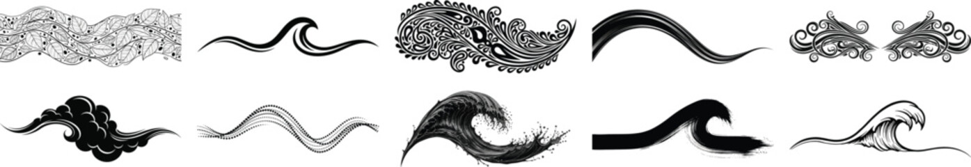 Fototapeta premium Collection of black and white wave and floral water ocean curl