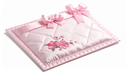 Naklejka premium Pink Decorative Quilted Pad with Floral Embroidery and Ribbon Bows on White