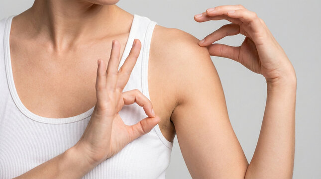 Woman in a white tank top pinches skin near her shoulder while making an ok hand gesture against a neutral backdrop.