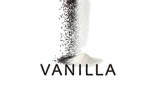 Fine vanilla bean seeds and white vanillin powder combine to spell out the word vanilla in an artistic display