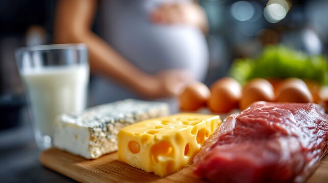 Balanced Prenatal Diet Concept With Dairy and Meat