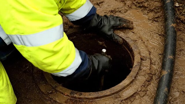 Close-up video of a worker in a high-visibility jacket and gloves clearing debris from a manhole cover on a muddy ground. Concept of maintenance, sanitation, and urban services.