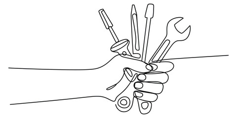Obraz premium Minimalist one line drawing of hand holding repair tools