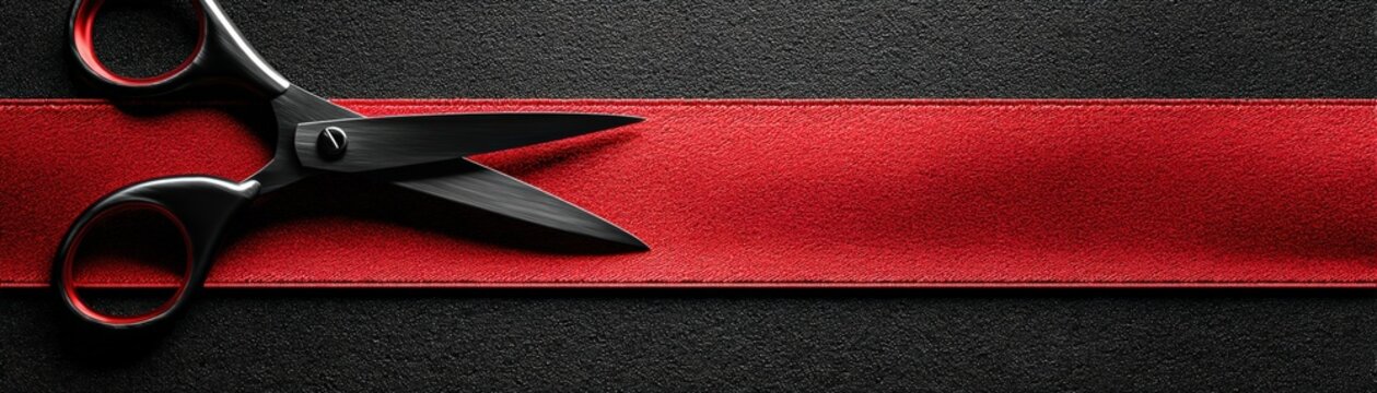 A sleek pair of black scissors lies partially open on a vibrant red ribbon against a textured black background, hardship in a success journey with AI