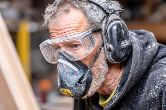 A close-up of a bearded man wearing protective goggles, a respirator mask, and earmuffs while working in a workshop.