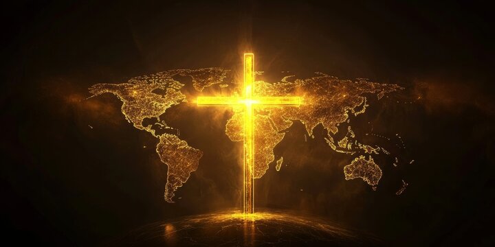 Glowing golden cross over world map, Christianity and faith concept, global church mission, spiritual hope and salvation, dark background, copy space.