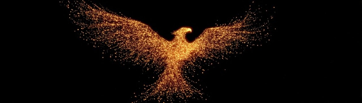 A glowing, golden phoenix composed of sparkling particles rises against a black background, rebirth and transformation, hardship in a success journey with AI
