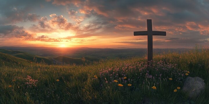 Glowing golden cross over world map, Christianity and faith concept, global church mission, spiritual hope and salvation, dark background, copy space.