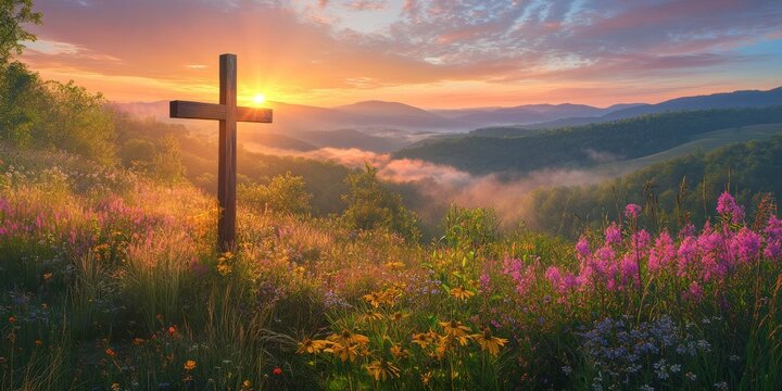 Glowing golden cross over world map, Christianity and faith concept, global church mission, spiritual hope and salvation, dark background, copy space.