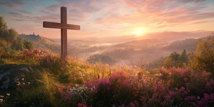 Glowing golden cross over world map, Christianity and faith concept, global church mission, spiritual hope and salvation, dark background, copy space.
