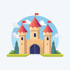 Naklejka premium Fairytale medieval castle with red flags and green trees under a blue sky