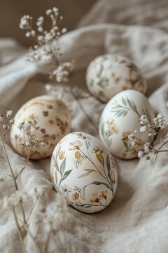 Minimal Easter still life with hand painted floral eggs on linen fabric and dried gypsophila, neutral palette, cozy spring home decor concept, soft light, copy space.
