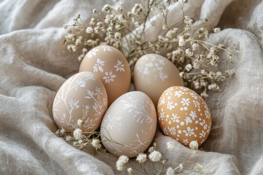 Minimal Easter still life with hand painted floral eggs on linen fabric and dried gypsophila, neutral palette, cozy spring home decor concept, soft light, copy space.
