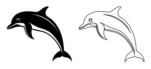Naklejka premium Playful dolphin leaping from water in silhouette and outline