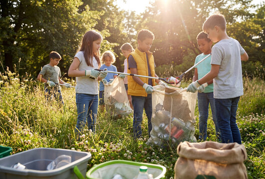 Group of children collecting recyclable waste in a green park during environmental volunteering activity.