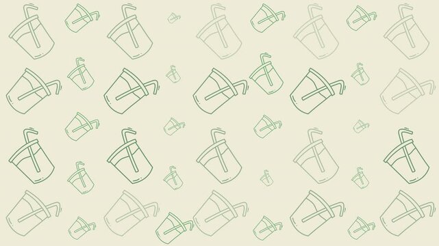 Food doodle art seamless pattern of cute cups with straws on a playful background. Suitable for kitchen decor and stationery design projects.