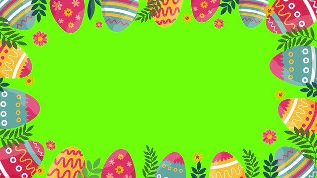 complete rectangular border made of spring flowers and painted eggs for holiday