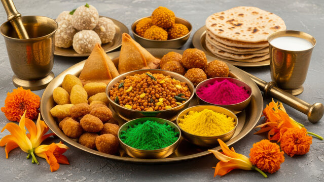 A delightful and colorful spread of traditional indian sweets, savory snacks, and gulal, signifying the joy of holi.