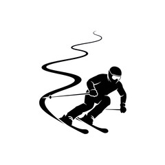 Obraz premium Solid black minimalist vector silhouette of a skier in a dynamic turn, leaving a winding track on a transparent background. concept of active recreation in nature