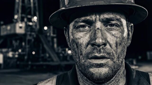 A gritty portrait of a hardworking individual, capturing the intensity of labor with a direct gaze, the image is rendered in stark black and white, highlighting the raw essence of manual effort.