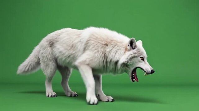 White wolf howling with sharp teeth on green background