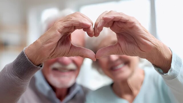 Lovely couple romantic moment. Valentines Day. An elderly couple making a heart shape with their hands, conveying a strong bond of love and affection.