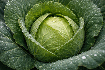Fototapeta premium Fresh green cabbage with morning dew drops