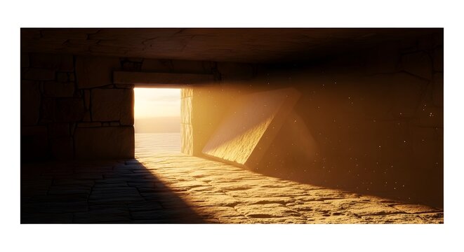 Easter sunday symbolism tomb door open with divine light