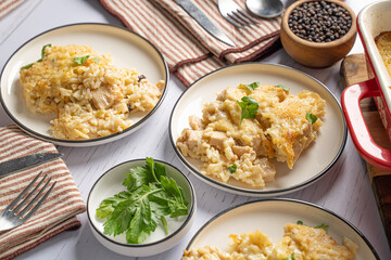 Easy to make dinner food recipe. Cheesy baked chicken and rice © Jeremy Pawlowski