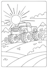 Monster truck coloring book page for kids with big tires and mountain peaks © Inkartia