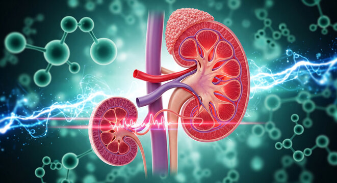 Detailed cross section of human kidney and adrenal gland on a molecular science background