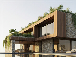 Fototapeta premium Sustainable Modern House with Green Roof and Natural Stone Walls in Tropical Landscape