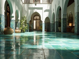 Obraz premium A large room with a blue tile floor
