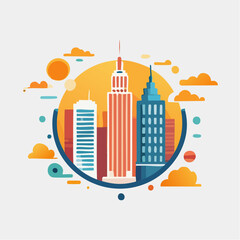 Obraz premium Vibrant Flat Design Cityscape Illustration with Prominent Skyscraper Buildings and Stylized Sun