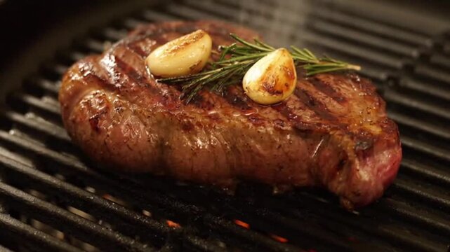 Grilled steak with garlic and rosemary on a barbecue grill with flames in the background, perfect for a culinary or food-related advertisement