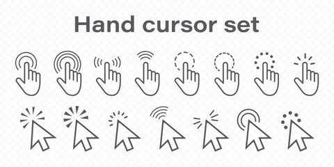 Hand Cursor Icons and Click Cursor Symbols, User Interface Pointer Collection Isolated on White Background for Web Design, App Interface, UX, UI, and Digital Interaction Graphics