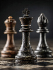 Fototapeta premium Macro view of a black king chess piece on a wooden chessboard with blurred queen and bishop pieces in the background symbolizing strategy and power