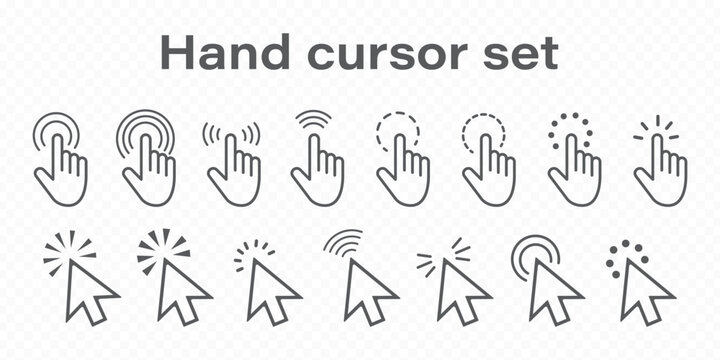 Hand Cursor Icons and Click Cursor Symbols, User Interface Pointer Collection Isolated on White Background for Web Design, App Interface, UX, UI, and Digital Interaction Graphics