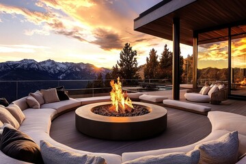 Modern luxury fire pit surrounded by stylish outdoor furniture.