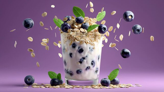 Blueberry yogurt parfait with oats and mint leaves in a glass, showcasing a dynamic flow of ingredients in a vibrant purple background setting
