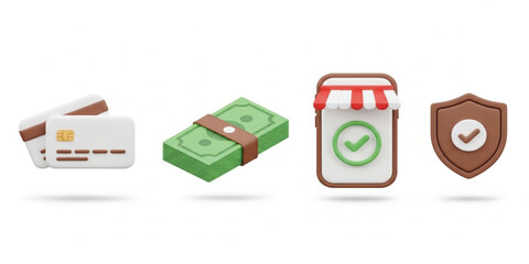 Online Payment and Secure Shopping Icon Set with Credit Card Cash Store Approval and Shield Symbols in Minimal 3D Style