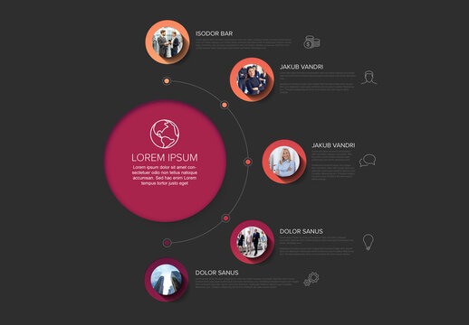 Modern Business Infographic Template with Circular Data Points an Placeholders on Dark Background