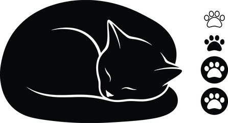 Black Cat Sleeping Silhouette with Paw Print Icons © MstHasina