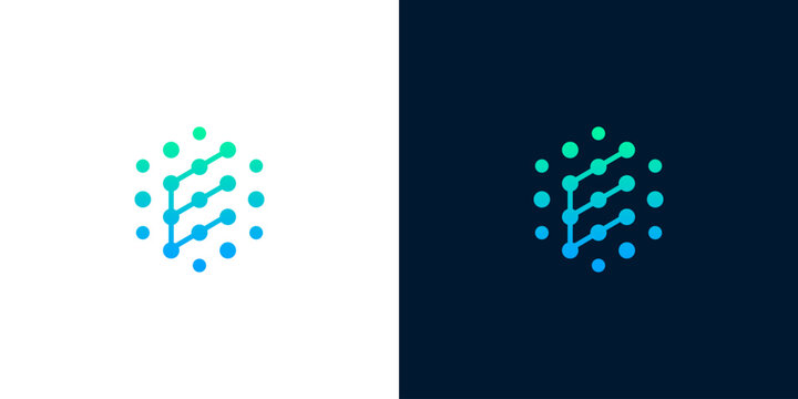 Modern abstract digital network logo design with interconnected dots forming the letter E within a stylized hexagonal frame, representing technological connection and innovation for business